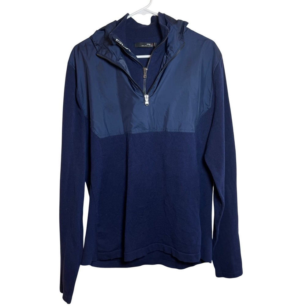 RLX Ralph Lauren Mens L Navy Blue Hybrid Quarter Zip Hooded Pullover Sweater